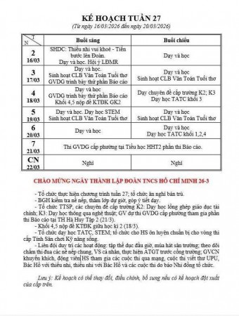 KẾ HOẠCH TUẦN 27 NĂM HỌC 2025 - 2026