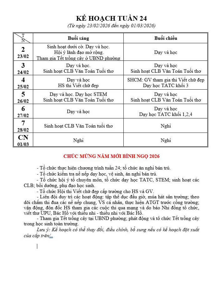 KẾ HOẠCH TUẦN 24 NĂM HỌC 2025 - 2026