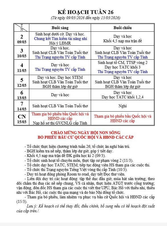 KẾ HOẠCH TUẦN 26 NĂM HỌC 2025 - 2026