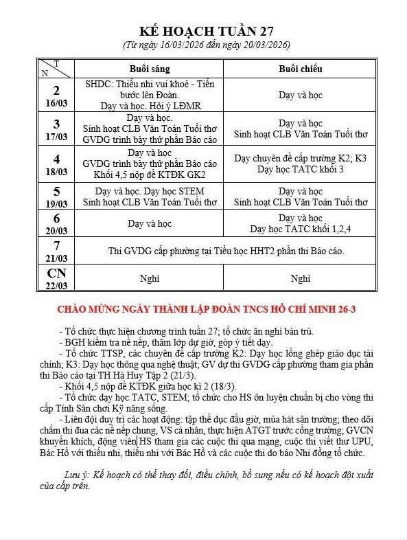 KẾ HOẠCH TUẦN 27 NĂM HỌC 2025 - 2026